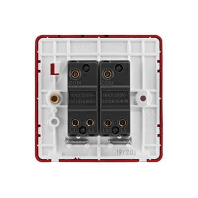 Arlec Rocker Screwless Double Light Switch 2 Gang, 2 Way 10A Cherry Red Raised Slim Plate Rounded Profile Dual Twin