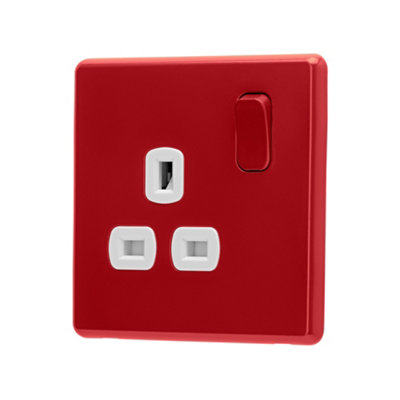 Arlec Rocker Screwless Single Pole SP 1 Gang 13A Switched Socket Cherry Red White Inserts Slim Plate Rounded Profile