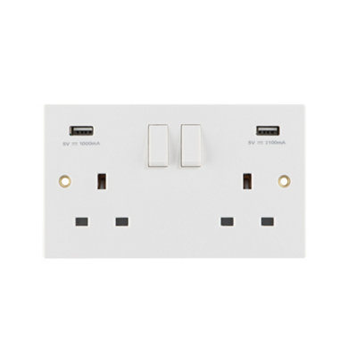 Arlec White 13A Double 2 Gang 3.4A USB 2 Outlet Socket Screwed Square Edge Profile Single Pole SP