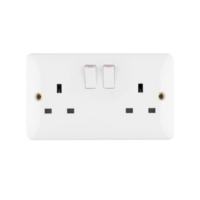 Arlec White 13A Double 2 Gang Switched Socket Screwed Square Edge Profile Single Pole SP