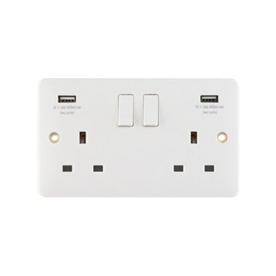 Arlec White Slim Line 13A Double 2 Gang 3.4A USB 2 Outlet Socket Screwed Slimline Profile Single Pole SP