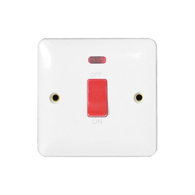 Arlec White Slim Line 45A Single Plate 1 Gang Screwed DP Double Pole Switch with Neon Light Indicator 45 Amp Slimline