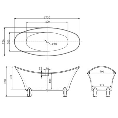 Arlene Traditional Freestanding White Acrylic Bath with Chrome Feet (L)1730mm (W)750mm