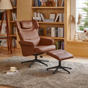 Armchair Set Brown Faux Leather Upholstered Swivel Seat Armchair Recliner Chair Sofa Chair with Footstool