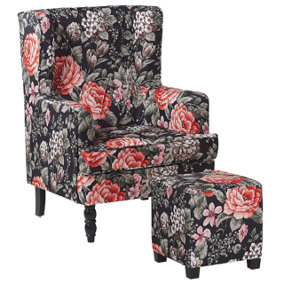 Armchair with Footstool Floral Pattern Black SANDSET