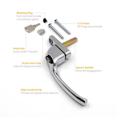 Armis Cranked Window Handle - Left, Chrome, 40mm