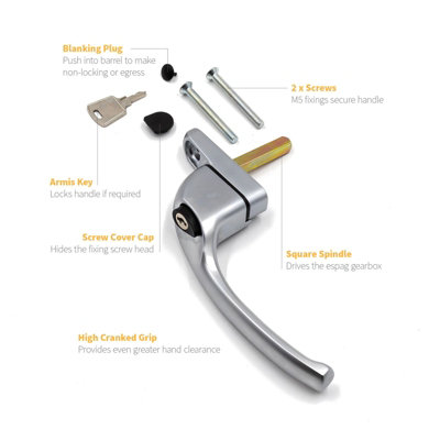 Armis Cranked Window Handle - Left, Satin Chrome, 40mm