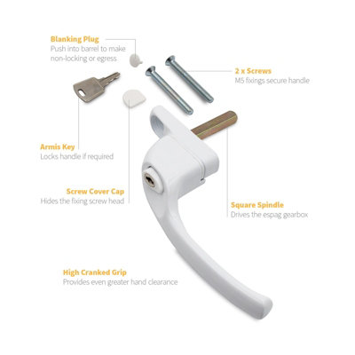 Armis Cranked Window Handle - Left, White, 30mm