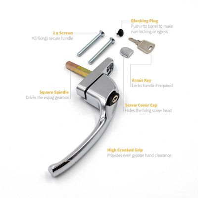 Armis Cranked Window Handle - Right, Chrome, 40mm