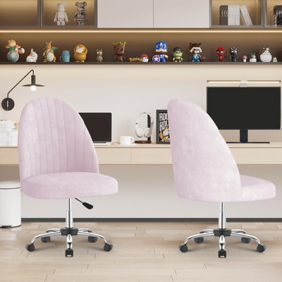 Armless Velvet Swivel Chair with Wheels-Pink
