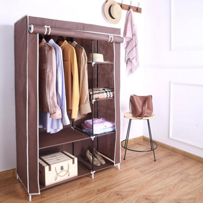 AROME PUR Canvas Wardrobe Organizer Clothes Rail Shelves Storage Closet Double Short Brown at B Q