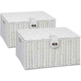 ARPAN 2 x Arpan Resin Woven Storage Hamper Basket Box with Lid & Lock (White - Large)