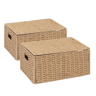 ARPAN 2 x Paper Rope Storage Hamper Basket With Lid - Ideal For Home/Office & Gifts Hamper (Natural - Small)