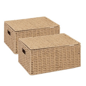 ARPAN 2 x Paper Rope Storage Hamper Basket With Lid - Ideal For Home/Office & Gifts Hamper (Natural - Small)