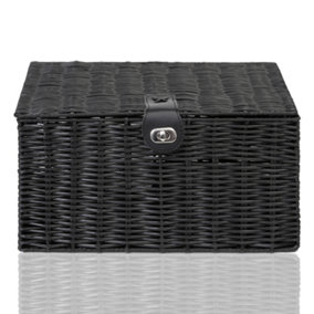 Arpan Large Resin Woven Storage Basket Box with Lid & Lock - Black