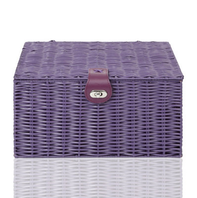 Arpan Large Resin Woven Storage Basket Box with Lid & Lock - Purple