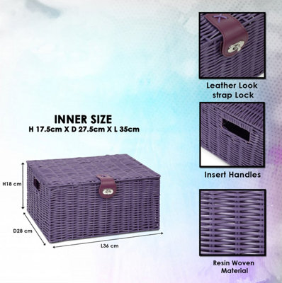 Arpan Large Resin Woven Storage Basket Box with Lid & Lock - Purple