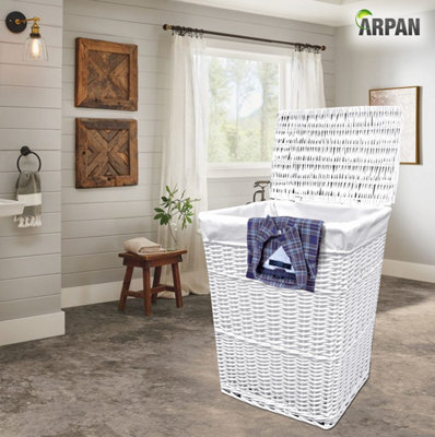 Arpan Large White Wicker Laundry Basket With White Lining