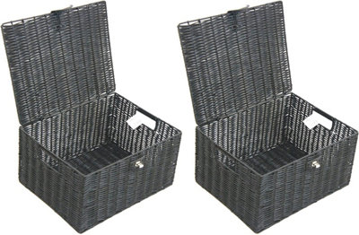 Arpan pack of 2 Resin Woven Storage Hamper Basket Box with Lid & Lock (Black - Large)