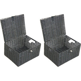 Arpan pack of 2 Resin Woven Storage Hamper Basket Box with Lid & Lock (Black - Large)