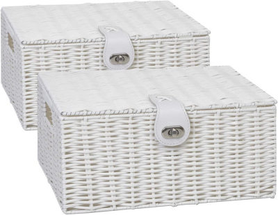 Arpan Pack of 2 Resin Woven Storage Hamper Basket Box with Lid & Lock (White - Medium)