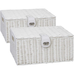 Arpan Pack of 2 Resin Woven Storage Hamper Basket Box with Lid & Lock (White - Medium)