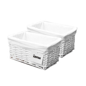 ARPAN Pack of 2 x 100% Eco-Friendly White Wicker Storage Basket with Cloth by Arpan (Medium- W36xD25xH15cm)