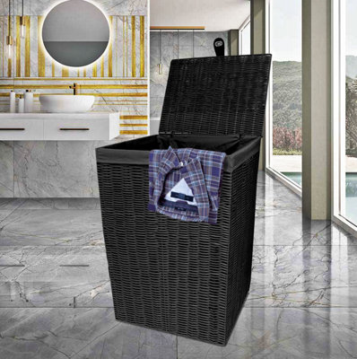 Arpan Resin Laundry Clothes Basket with Lid, Lock and Lining Storage Basket with Removable Lining (Black - Medium)