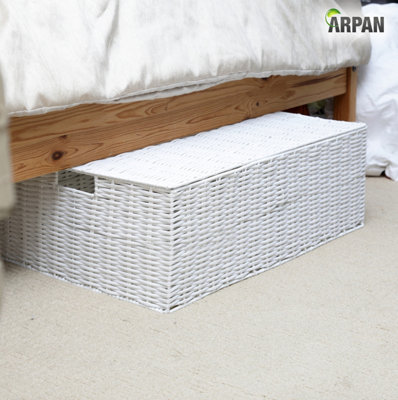 Arpan Resin Woven Under Bed Storage Box, Chest Shelf Toy Clothes Basket With Lid - White Set of 2