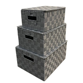 Arpan Set of 3 Grey Nylon Hand Woven Storage Baskets Boxes