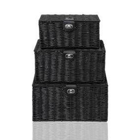 Arpan Set of 3 Resin Woven Storage Basket Box with Lid & Lock (Black)