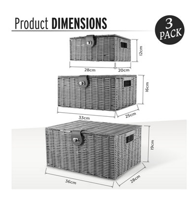 ARPAN Set of 3 Resin Woven Storage Basket Box with Lid & Lock Grey, Large, Medium, Small