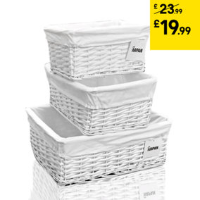 Arpan Set of 3 White Wicker Gift Hamper Storage Basket with White Cloth Lining