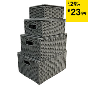 Arpan Set Of 4 Paper Rope Storage Hamper Basket With Lid - Including Xlarge,Large,Medium,Small (Grey)