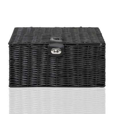 Arpan Small Resin Woven Storage Basket Box with Lid & Lock - Black