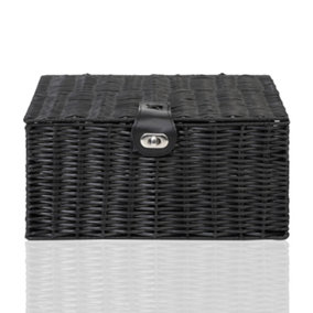 Arpan Small Resin Woven Storage Basket Box with Lid & Lock - Black