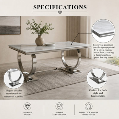 Arriana Light Grey Marble Top Dining Table with Circular Metal Stand - Luxury Modern Dining Room Furniture Centerpiece - 1.8Mt
