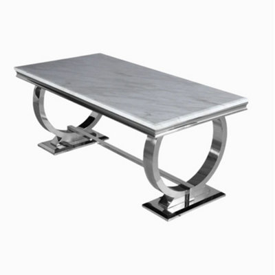 Arriana Light Grey Marble Top Dining Table with Circular Metal Stand - Luxury Modern Dining Room Furniture Centerpiece - 1.8Mt