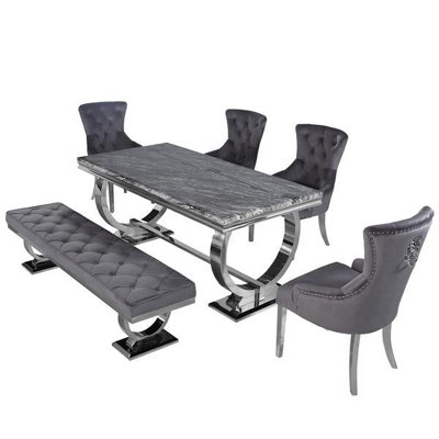 Arriana Light Grey Marble Top Dining Table with Circular Metal Stand - Luxury Modern Dining Room Furniture Centerpiece - 1.8Mt