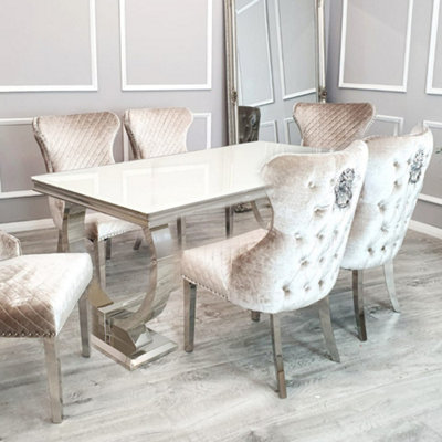 Arriana Light Grey Marble Top Dining Table with Circular Metal Stand - Luxury Modern Dining Room Furniture Centerpiece - 1.8Mt