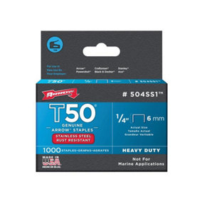 Arrow A504SS1 T50 Staples Stainless Steel 504SS 6mm (1/4in) (Box 1000) ARRT5014SS