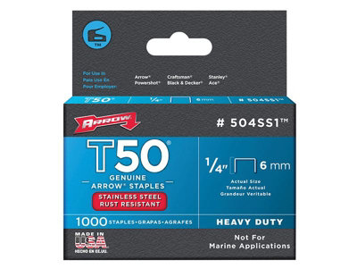 Arrow A504SS1 T50 Staples Stainless Steel 504SS 6mm (1/4in) (Box 1000) ARRT5014SS