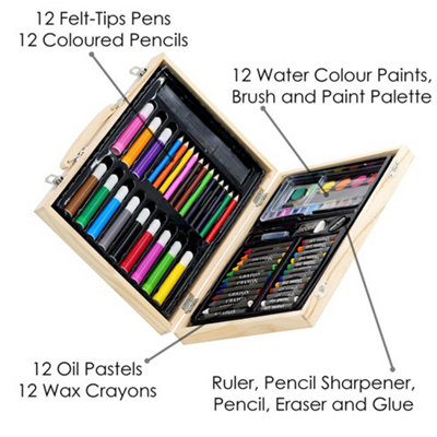 Art and Craft Set with Crayons Paint Pencils in Wooden Box