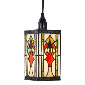 Art Deco Tiffany Easy Fit Pendant Shade with Green, Amber and Red Stained Glass