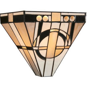 Art Deco Tiffany Glass Wall Light - Matt Black Steel - 40W E14 Golf Bulb Needed