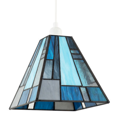 Art Deco Tiffany Pendant Lighting Shade with Pale and Navy Blue Panels