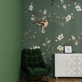 Art For the Home Birds & Blossom Dark Green Print To Order Fixed Size Mural