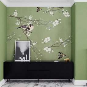 Art For the Home Birds & Blossom Green Print To Order Fixed Size Mural