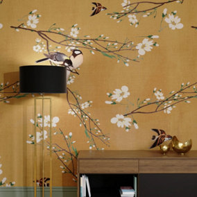 Art For the Home Birds & Blossom Ochre Print To Order Fixed Size Mural