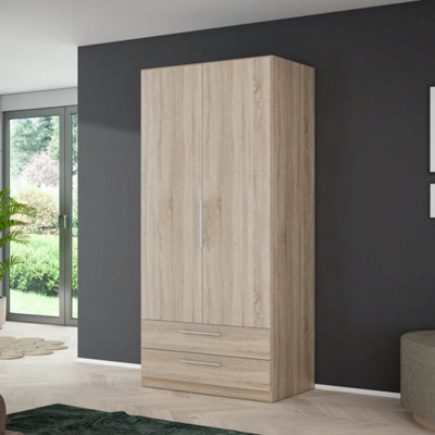 Arten Oak Sonoma Cadixo 2-Door Wardrobe with 2 Drawers, Rail and ...